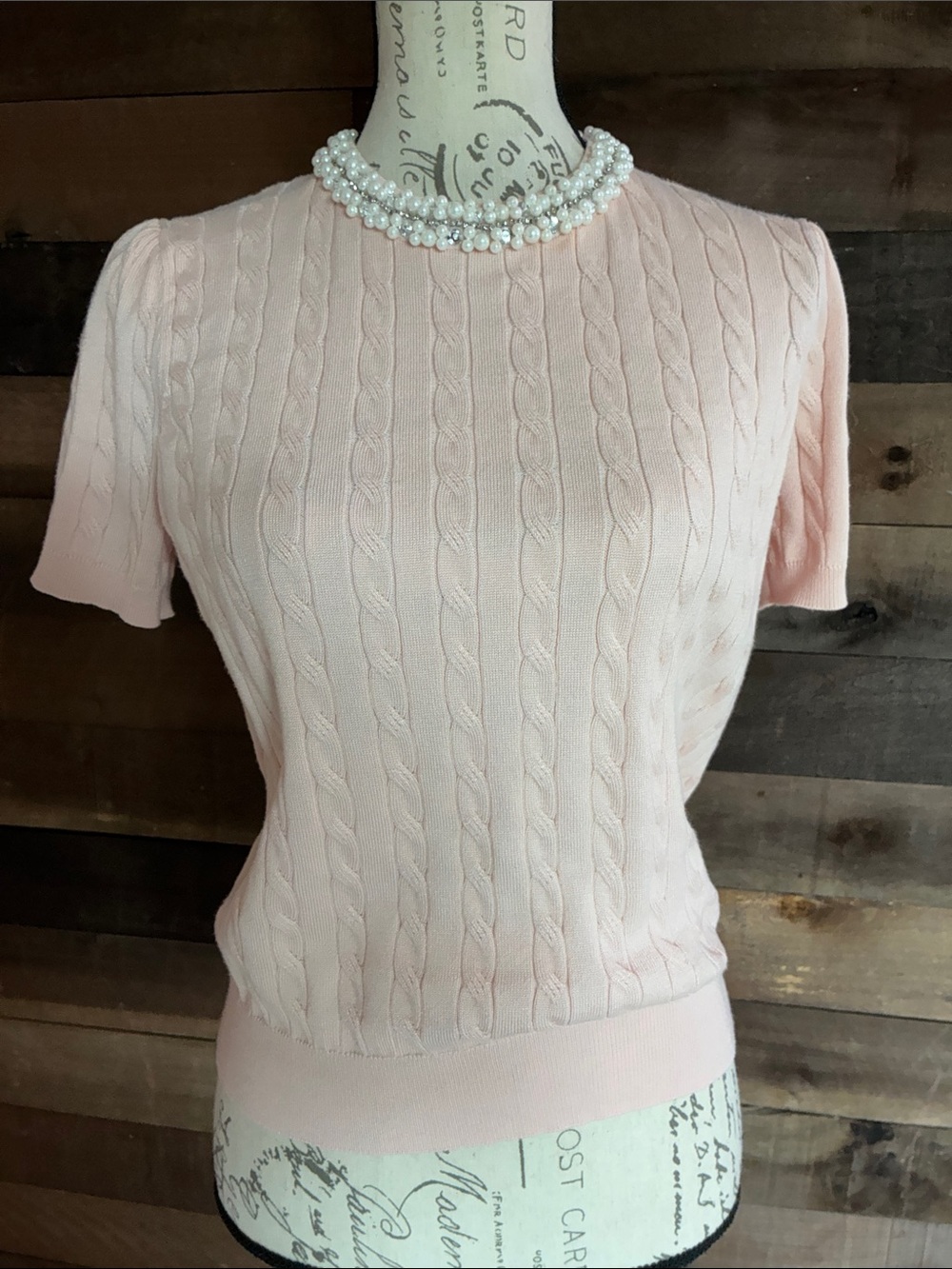 Adrianna Papell Light Pink Cable Knit Short Sleeve Top